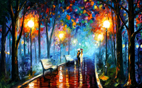 Artistique Peinture Colorful Couple Parc Pluie Lumière Fond d'écran HD | Image