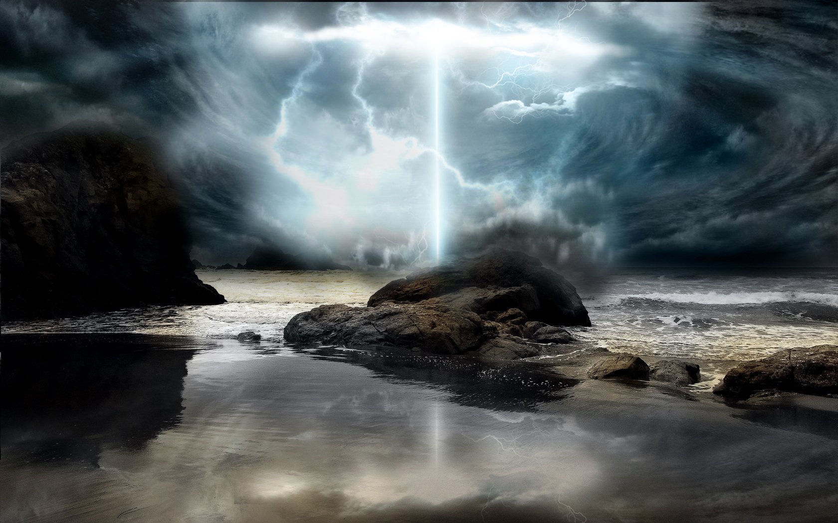 HD desktop wallpaper of an artistic, dramatic beach scene with dark clouds, ocean waves, rocky shore, and a striking light beam illuminating the earth and nature.