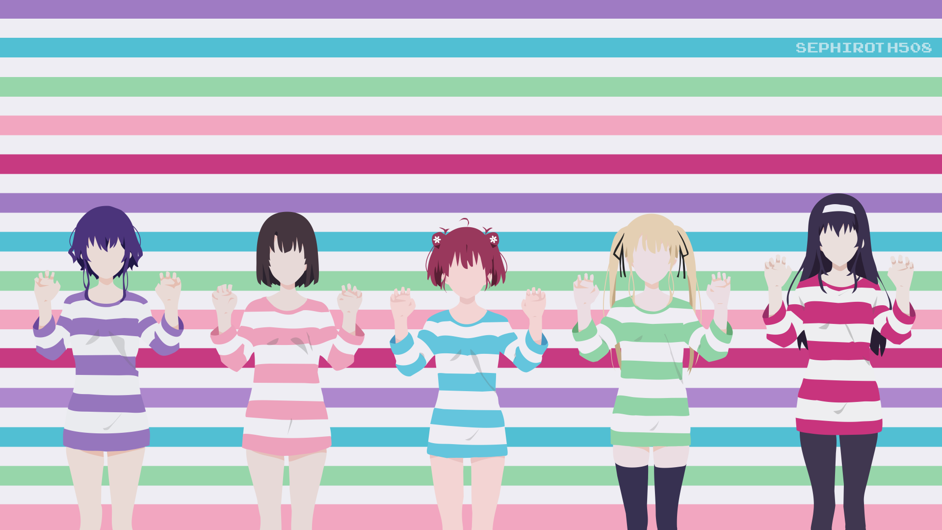 HD desktop wallpaper featuring characters Eriri Spencer Sawamura, Megumi Katō, Michiru Hyodo, and Utaha Kasumigaoka from Saekano: How to Raise a Boring Girlfriend against a colorful striped background.