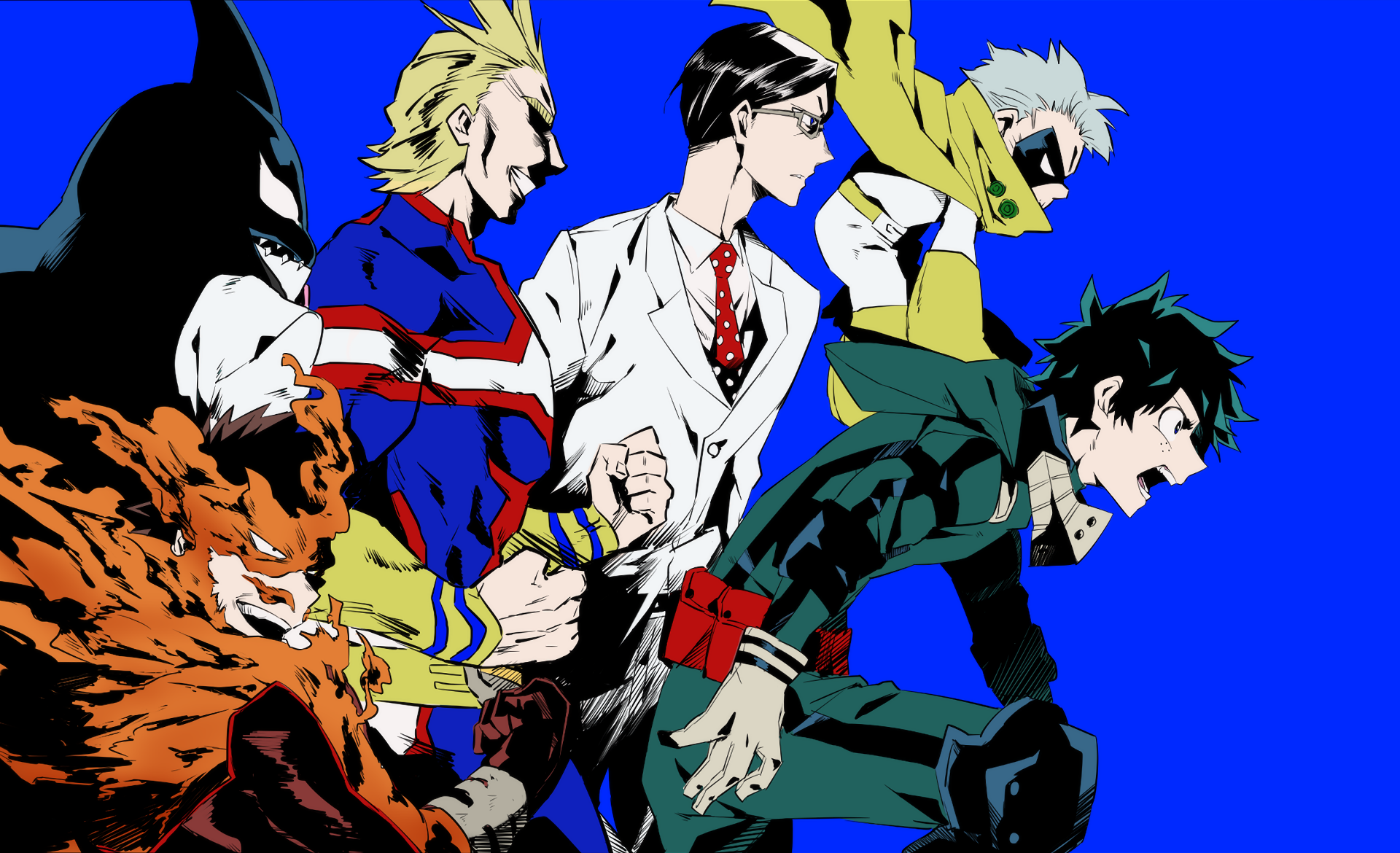 HD desktop wallpaper of My Hero Academia featuring Tenya Iida, All Might, and Izuku Midoriya set against a vibrant blue background.