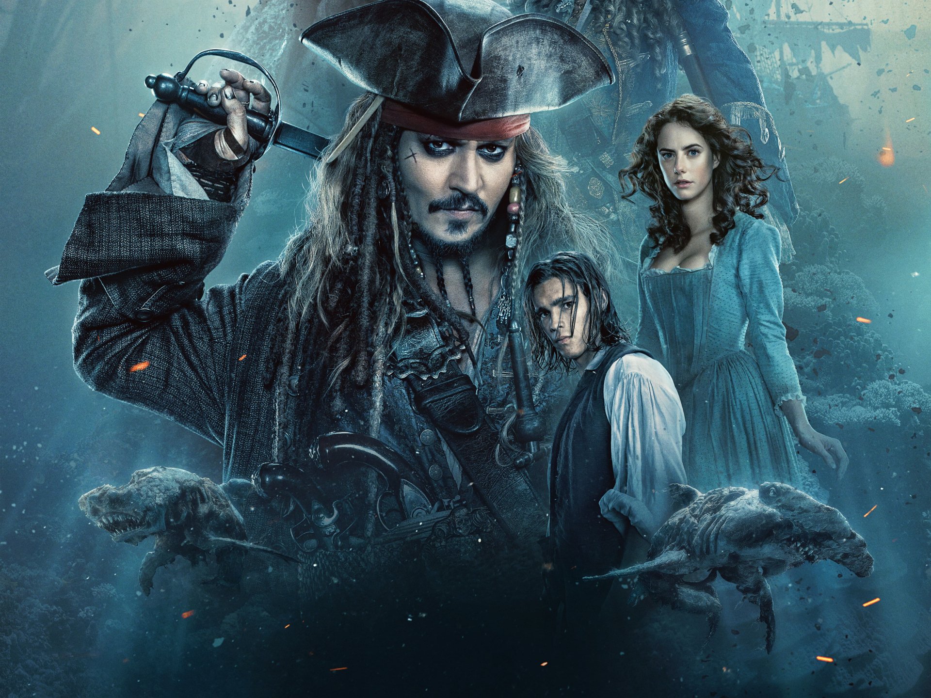 HD desktop wallpaper featuring characters Jack Sparrow, Henry Turner, and Carina Smyth from the movie Pirates Of The Caribbean: Dead Men Tell No Tales. Starring Johnny Depp, Brenton Thwaites, and Kaya Scodelario.