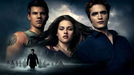 HD desktop wallpaper featuring Jacob Black, Bella Swan, and Edward Cullen from the movie The Twilight Saga: Eclipse, with a dramatic nighttime background.