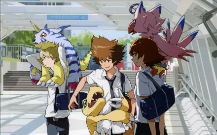 HD desktop wallpaper from Digimon Adventure Tri. featuring anime characters with their Digimon partners in a modern setting.