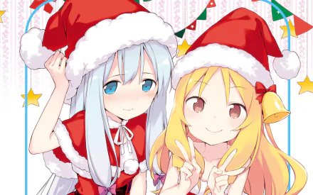 Anime characters Elf Yamada and Sagiri Izumi from EroManga-Sensei, wearing festive Santa hats and outfits, against a cheerful holiday background. HD desktop wallpaper.