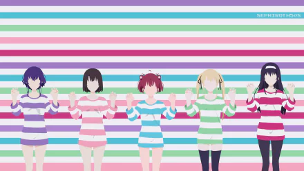 HD desktop wallpaper featuring characters Eriri Spencer Sawamura, Megumi Katō, Michiru Hyodo, and Utaha Kasumigaoka from Saekano: How to Raise a Boring Girlfriend against a colorful striped background.