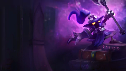 HD desktop wallpaper of Veigar, the dark mage character from the video game League of Legends, surrounded by a purple magical aura.
