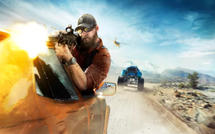 A high-definition wallpaper featuring an action scene from Tom Clancy’s Ghost Recon Wildlands, showcasing a bearded man shooting from a car with an off-road vehicle and helicopter in pursuit.