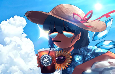 Cirno from Touhou enjoys a refreshing drink under a sunny sky, wearing sunglasses and a straw hat, surrounded by fluffy clouds. A vibrant anime-inspired desktop wallpaper.
