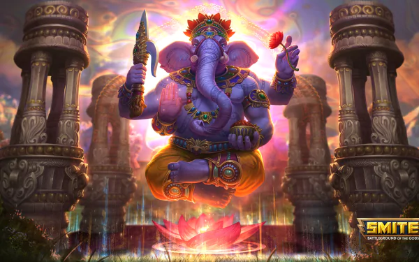 HD PC desktop wallpaper of Ganesha from the video game Smite, depicting the elephant-headed deity floating with vibrant colors and ornate pillars in the background.
