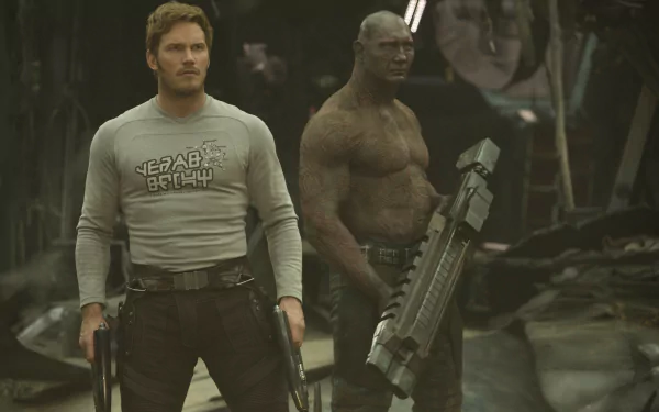 4K Ultra HD wallpaper featuring Star Lord (Chris Pratt) and Drax The Destroyer (Dave Bautista) from Guardians of the Galaxy Vol. 2 in a movie scene.