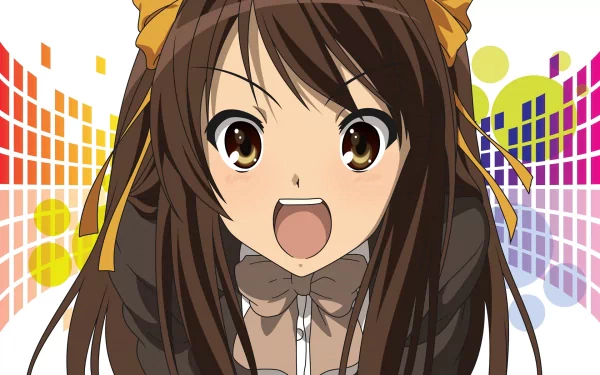 A vibrant HD wallpaper featuring Haruhi Suzumiya from The Melancholy of Haruhi Suzumiya, showcasing her cute and expressive demeanor against a colorful background.