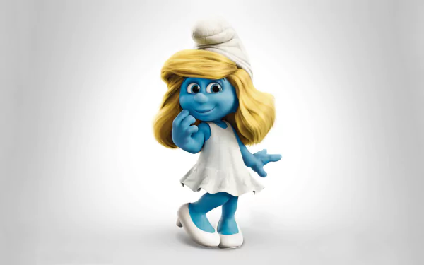 HD desktop wallpaper featuring a character from the movie The Smurfs, showing a blue Smurf with blonde hair and a white dress against a clean background.
