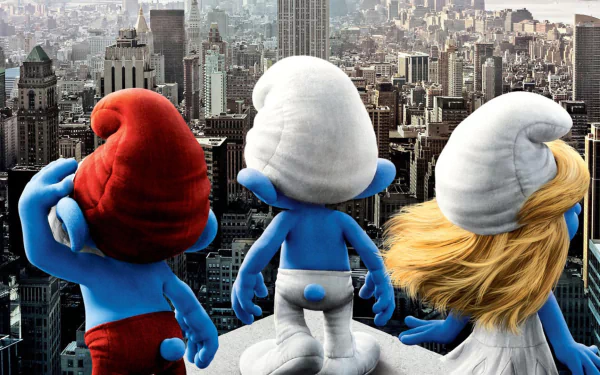 HD desktop wallpaper of The Smurfs movie showing three Smurfs overlooking a cityscape.