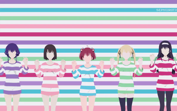HD desktop wallpaper featuring characters Eriri Spencer Sawamura, Megumi Katō, Michiru Hyodo, and Utaha Kasumigaoka from Saekano: How to Raise a Boring Girlfriend against a colorful striped background.