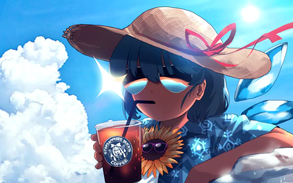Cirno from Touhou enjoys a refreshing drink under a sunny sky, wearing sunglasses and a straw hat, surrounded by fluffy clouds. A vibrant anime-inspired desktop wallpaper.