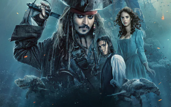 HD desktop wallpaper featuring characters Jack Sparrow, Henry Turner, and Carina Smyth from the movie Pirates Of The Caribbean: Dead Men Tell No Tales. Starring Johnny Depp, Brenton Thwaites, and Kaya Scodelario.