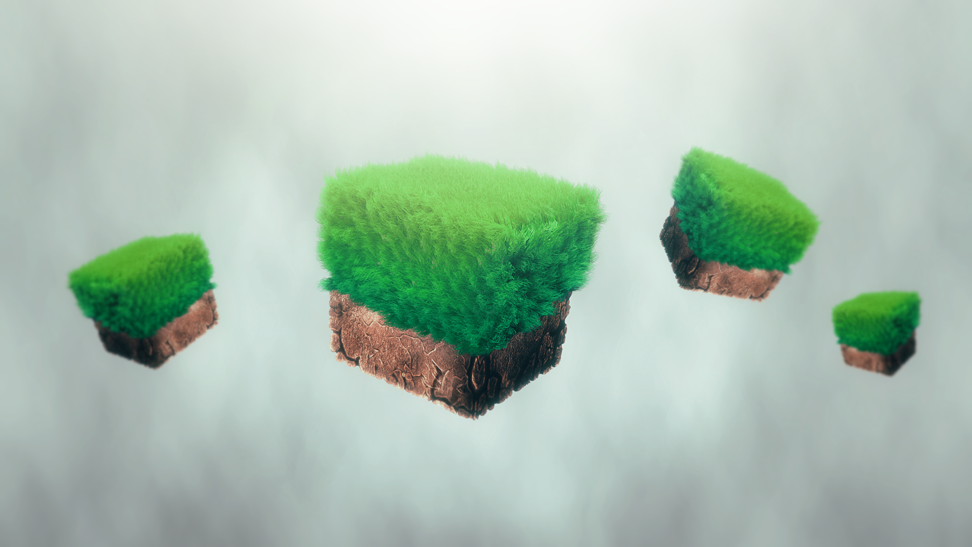 HD PC desktop wallpaper featuring floating grass-covered cubes inspired by the Minecraft video game.
