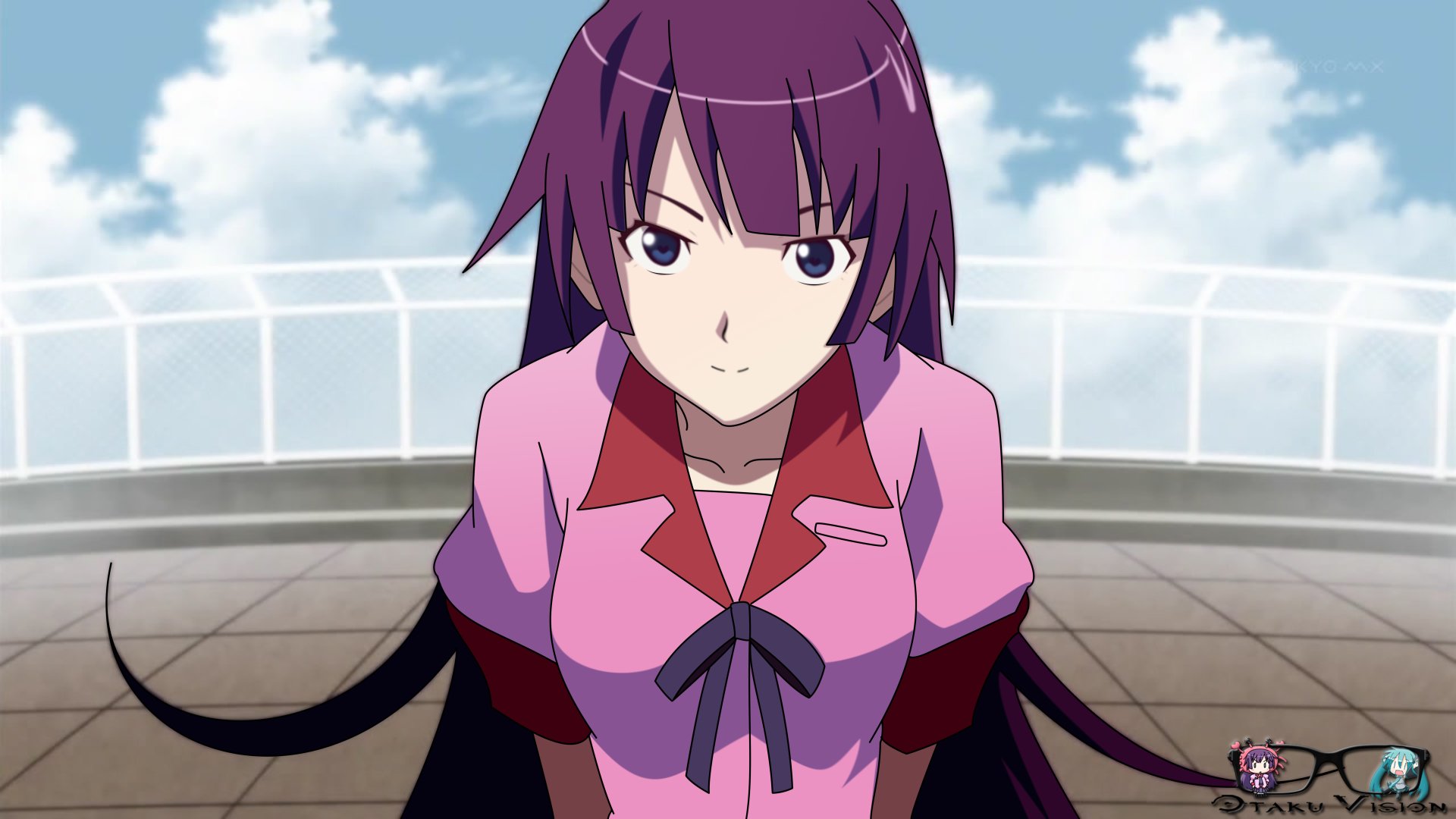 Hitagi Senjōgahara (Monogatari): purple‑haired anime girl in a pink school uniform standing on a rooftop against a blue sky — 8K Ultra HD PC desktop wallpaper.