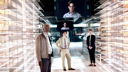 Cinematic HD desktop wallpaper: four figures in a reflective high-tech glass corridor beneath a giant monitor, evoking the movie Transcendence.