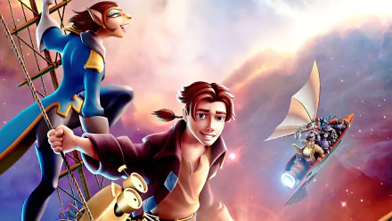 HD PC desktop wallpaper featuring Jim Hawkins from the movie Treasure Planet, showing dynamic space adventure with vibrant colors and futuristic sailing ships.