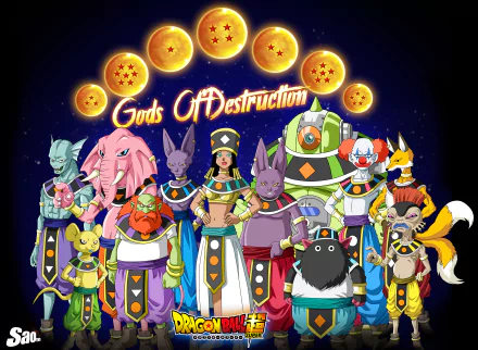 A colorful 4K Ultra HD wallpaper featuring various characters from Dragon Ball Super, including gods of destruction like Beerus, Champa, and Sidra, set against a starry background.