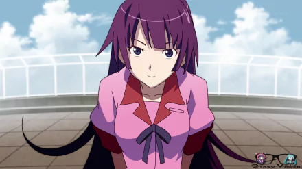 Hitagi Senjōgahara (Monogatari): purple‑haired anime girl in a pink school uniform standing on a rooftop against a blue sky — 8K Ultra HD PC desktop wallpaper.