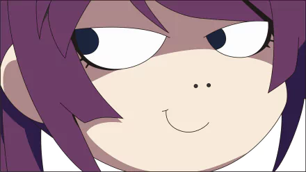 HD PC desktop wallpaper: close-up of Hitagi Senjōgahara, anime character from the Monogatari series, purple hair and sly smirk.