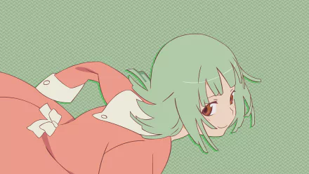 Nadeko Sengoku from Monogatari: green-haired girl in a pink outfit looks back over her shoulder on a textured green background — HD PC desktop wallpaper/background