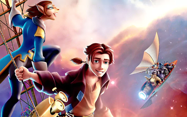 HD PC desktop wallpaper featuring Jim Hawkins from the movie Treasure Planet, showing dynamic space adventure with vibrant colors and futuristic sailing ships.