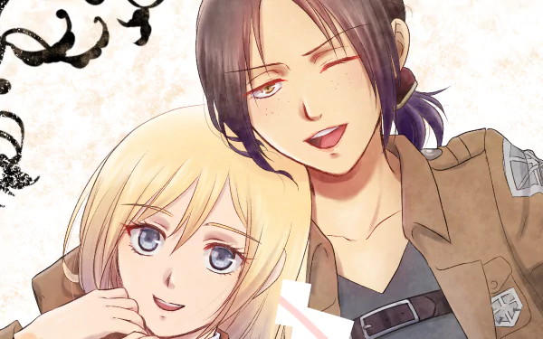 HD anime desktop wallpaper featuring Historia Reiss and Ymir from Attack on Titan, showcasing their close friendship with soft colors and detailed character design.