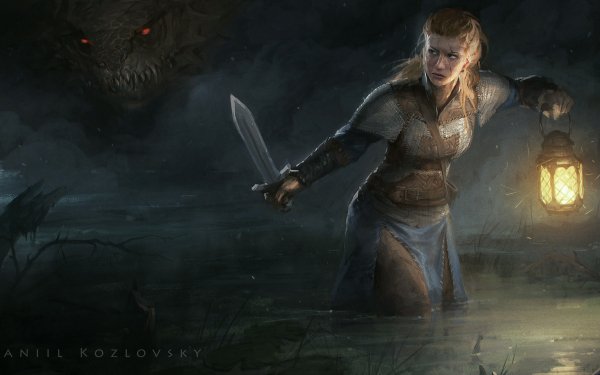 Fantasy Women Warrior Woman Warrior Lantern Dark Creature Sword Blonde Viking HD Wallpaper | Background Image