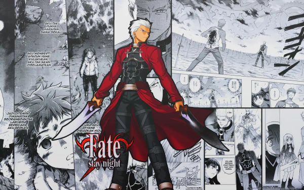 HD PC desktop wallpaper featuring Archer from Fate/Stay Night, set against a grayscale manga panel background, highlighting dynamic anime art and storytelling elements.