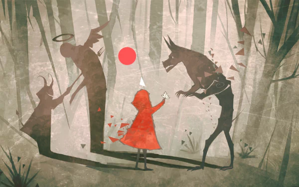 HD fantasy PC wallpaper featuring a red riding hood girl with a red balloon, flanked by shadowy demon and angel figures in a misty forest setting.