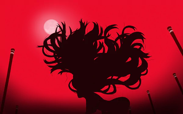 HD PC desktop wallpaper featuring Black Hanekawa from the Monogatari series, showcasing her silhouette against a vivid red background with a glowing moon.
