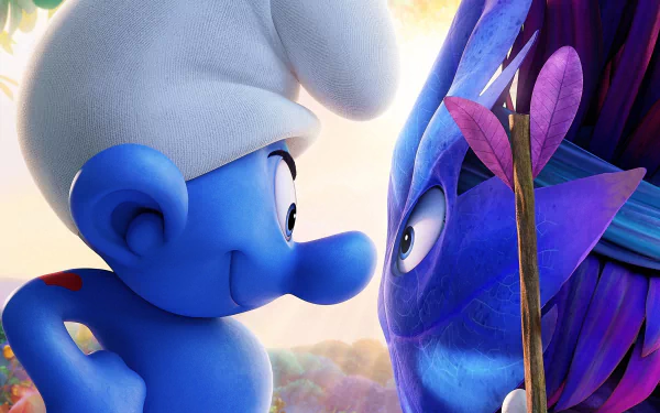 Close-up of a blue Smurf and a purple forest creature facing off, from the movie Smurfs: The Lost Village — 2K Quad HD PC desktop wallpaper/background.