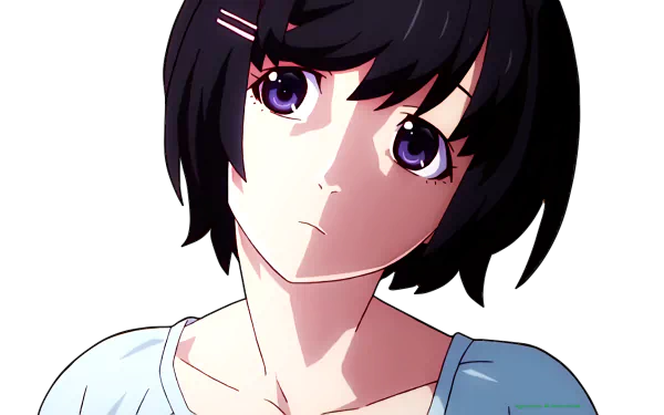 HD PC desktop wallpaper featuring Tsubasa Hanekawa from the Monogatari series, showcasing her detailed anime-style face and expressive purple eyes.