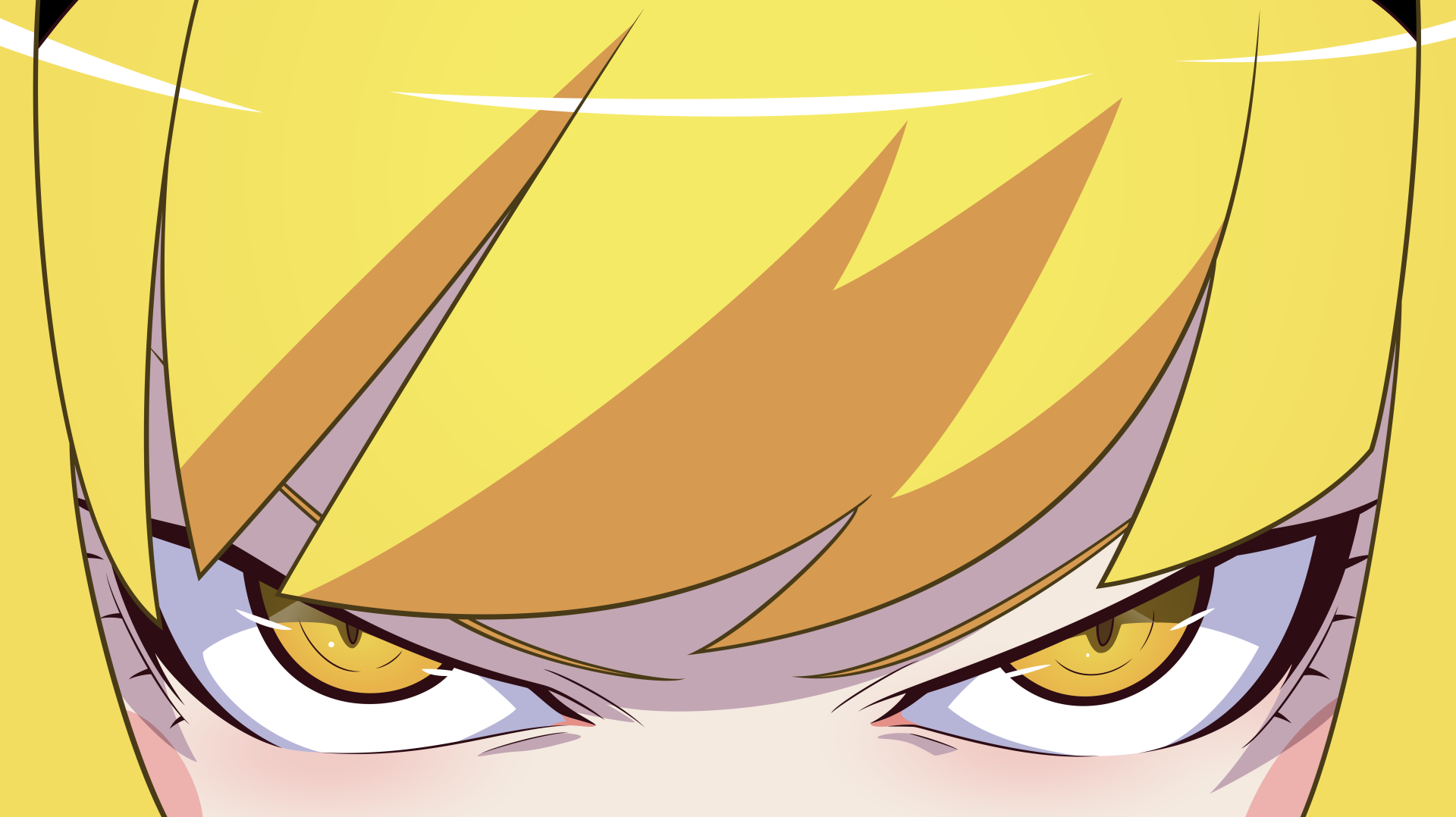Close-up of Shinobu Oshino's intense golden eyes and blonde bangs from the Monogatari series, 8K Ultra HD anime desktop wallpaper.
