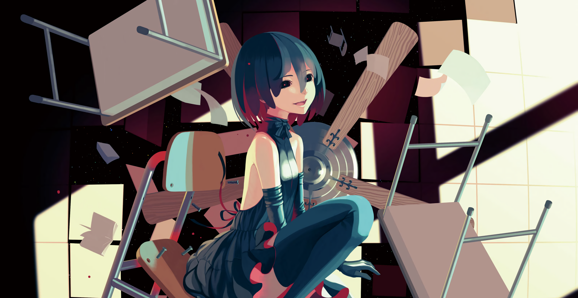 HD PC desktop wallpaper of Ougi Oshino from the Monogatari anime series, featuring her seated amidst floating papers and abstract shapes in a dynamic composition.
