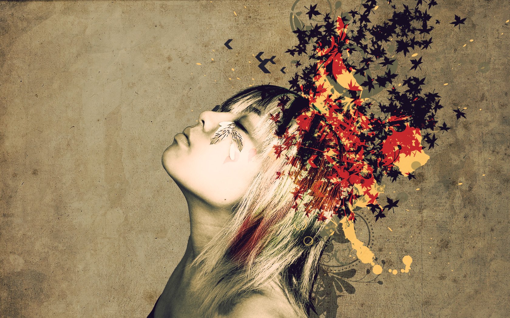 HD artistic PC desktop wallpaper featuring a woman with an abstract design of leaves and paint splashes emerging from her head against a textured background.