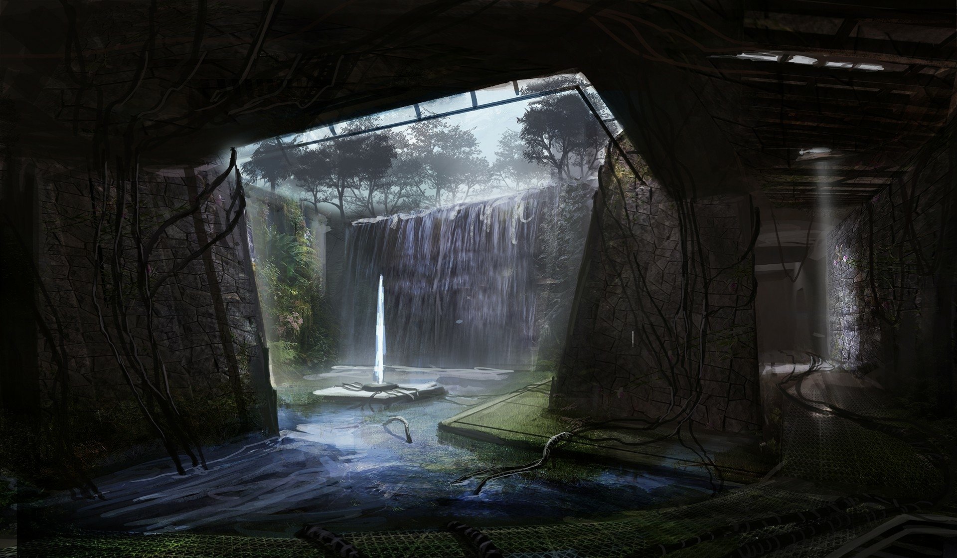 Futuristic Sci-Fi Waterfall in an Abandoned Building – HD Wallpaper ...