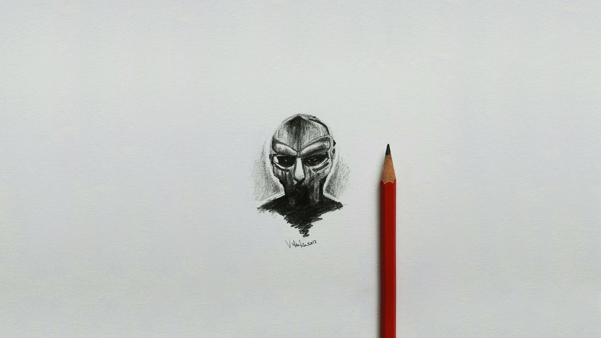 A minimalist artistic sketch featuring a masked figure alongside a red pencil, creating a striking contrast. This HD image serves as a unique PC desktop wallpaper.