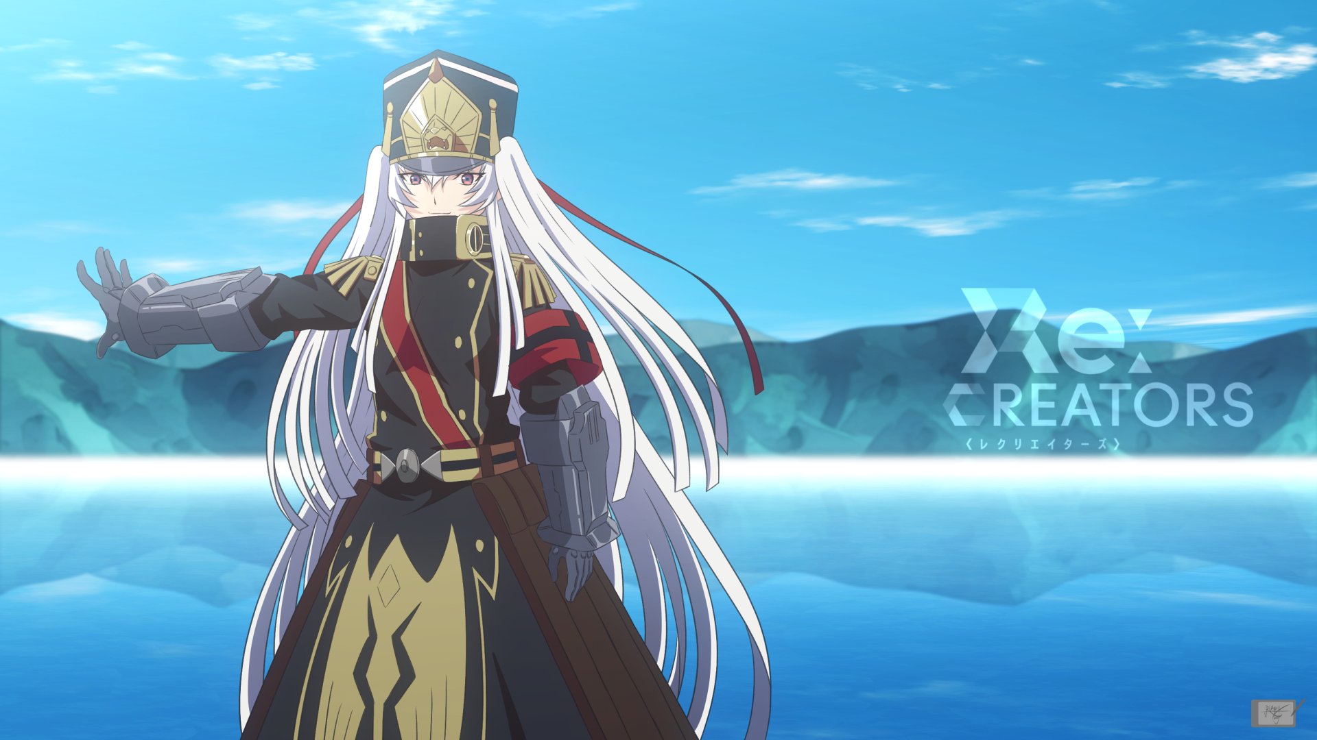 HD desktop wallpaper featuring Gunpuku no Himegimi from the anime Re:Creators, standing majestically with her long white hair and elaborate outfit in front of a serene blue water backdrop.