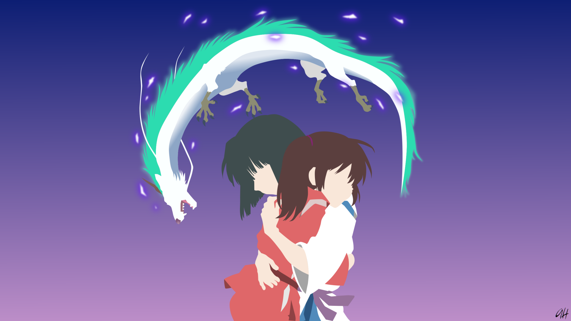 Minimalist HD desktop wallpaper of Chihiro hugging Haku from Spirited Away, with Haku's dragon form soaring above against a gradient blue to purple background.