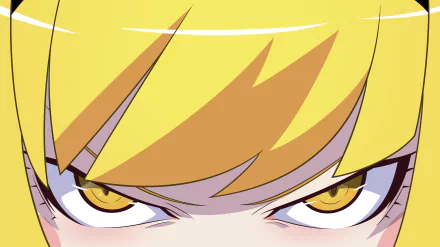 Close-up of Shinobu Oshino's intense golden eyes and blonde bangs from the Monogatari series, 8K Ultra HD anime desktop wallpaper.