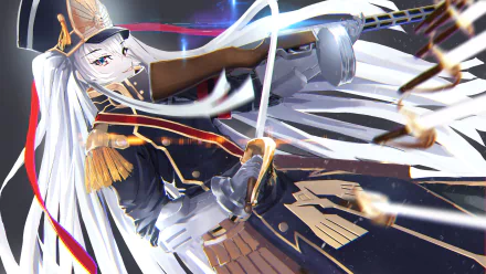 HD desktop wallpaper featuring the character Gunpuku no Himegimi from the anime Re:Creators. The character is depicted in a dynamic pose dressed in a detailed military uniform with flowing white hair.