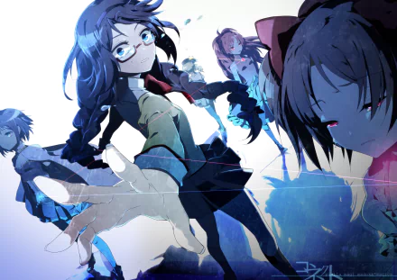 A high-definition desktop wallpaper featuring characters Mami Tomoe, Sayaka Miki, Madoka Kaname, Homura Akemi, and Kyōko Sakura from the anime Puella Magi Madoka Magica, with vibrant and dramatic artwork.