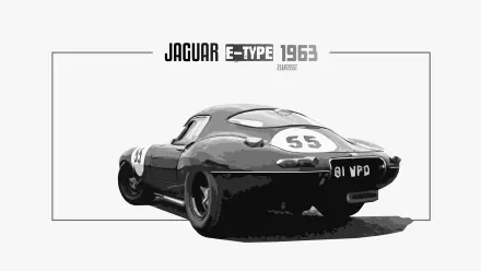 Black and white HD desktop wallpaper featuring a vintage 1963 Jaguar E-Type racing car with number 55 and license plate 81 VPO.