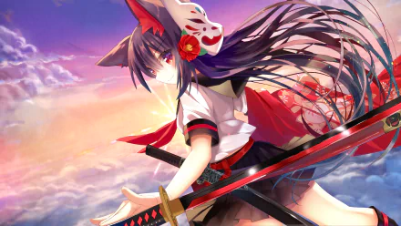 Anime-styled HD desktop wallpaper featuring a character with red eyes holding a katana, wearing a traditional mask, and standing against a vibrant sky background.