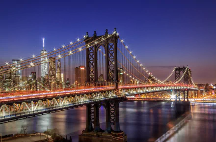New York USA city bridge night light man made Manhattan Bridge HD Desktop Wallpaper | Background Image