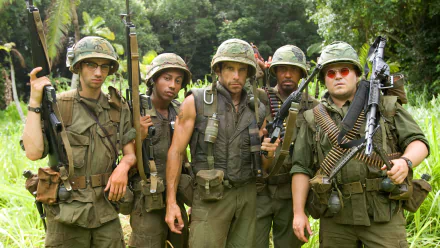 HD desktop wallpaper featuring Brandon T. Jackson, Jay Baruchel, Robert Downey Jr., Jack Black, and Ben Stiller in military gear from the movie Tropic Thunder.